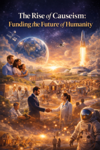 Futuristic Causeism movie-style poster showing a human-centered economy with nonprofits, healthcare workers, sustainable communities, and space exploration under the title “The Rise of Causeism: Funding the Future of Humanity.”