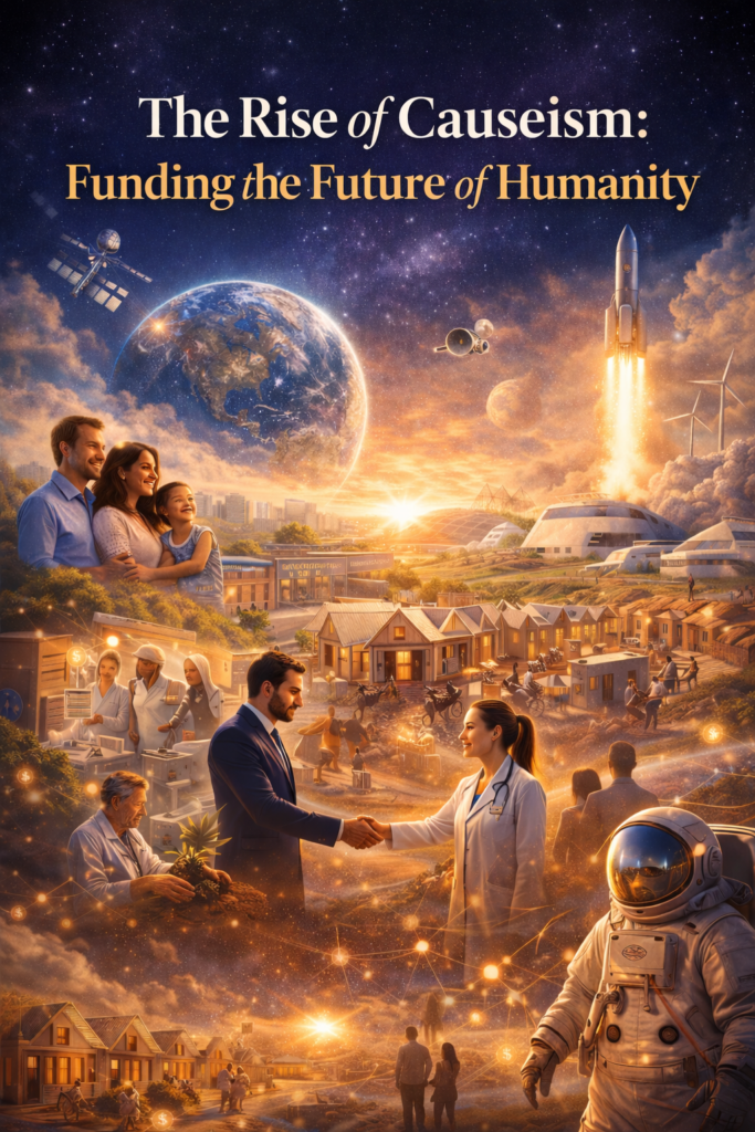 Futuristic Causeism movie-style poster showing a human-centered economy with nonprofits, healthcare workers, sustainable communities, and space exploration under the title “The Rise of Causeism: Funding the Future of Humanity.”