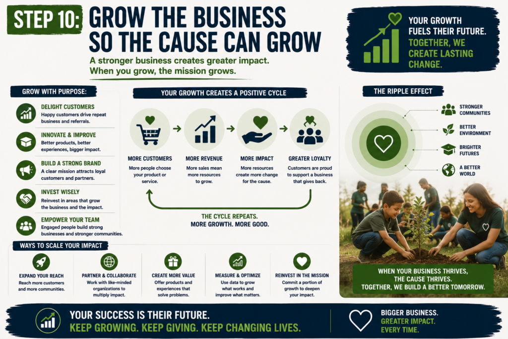 Steve Down's Causeism framework illustrating how entrepreneurs can build purpose-driven businesses by connecting profit, customer participation, nonprofit partnerships, and community impact into a sustainable economic ecosystem.