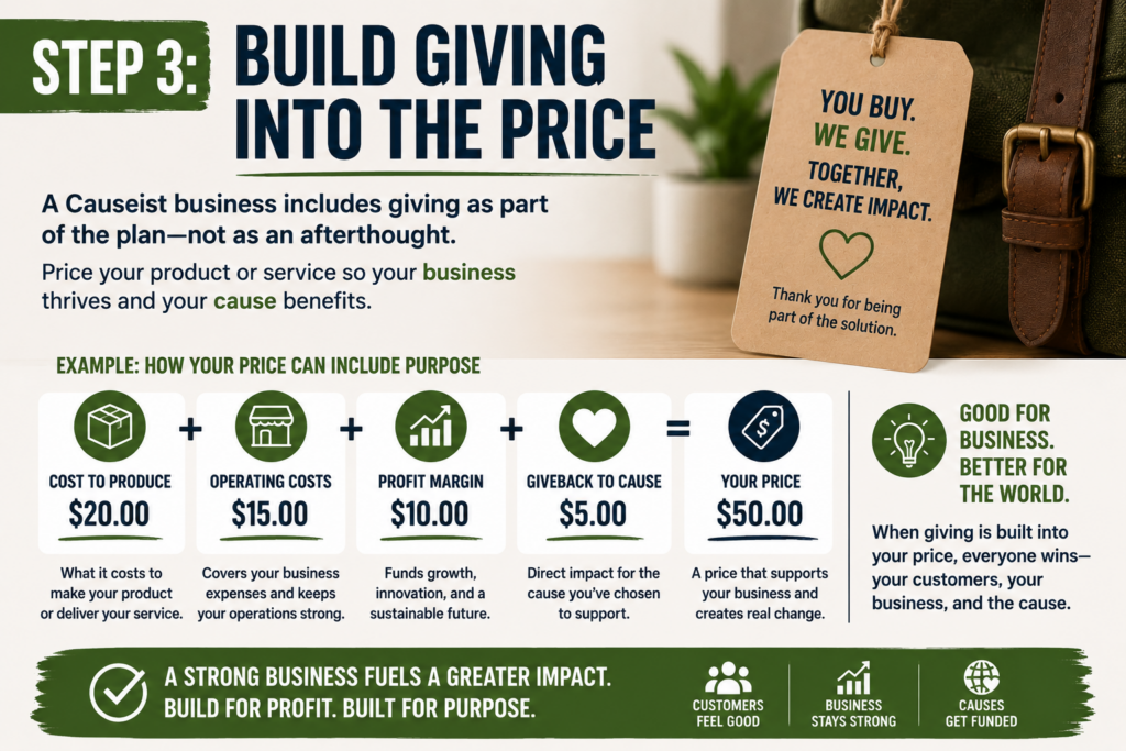 Steve Down's Causeism business framework illustrating how entrepreneurs can connect profit, customers, nonprofits, communities, and social impact to build a successful Causeist business.