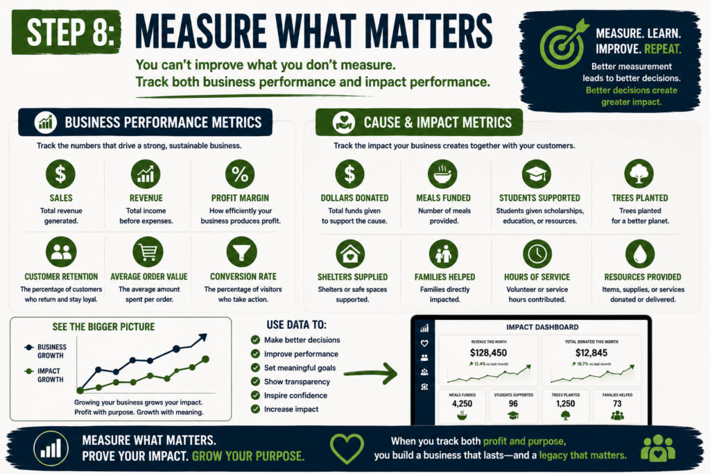 Purpose-driven entrepreneur connecting business growth, customer participation, nonprofit partnerships, and community impact in a visual representation of the Causeism business model.