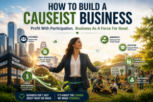 Entrepreneur connecting business growth with community impact in a Causeist business model, showing how profit, customers, nonprofits, and social good work together to create positive change.