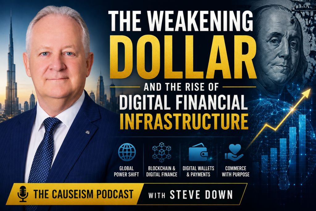 Steve Down on The Causeism Podcast discussing the weakening U.S. dollar, digital financial infrastructure, blockchain technology, Causeism, and the future of global finance.