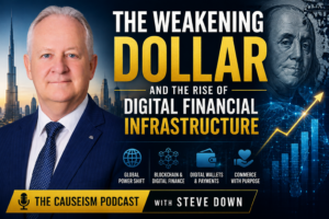 Steve Down on The Causeism Podcast discussing the weakening U.S. dollar, digital financial infrastructure, blockchain technology, Causeism, and the future of global finance.